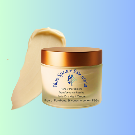 Kojic Kiss Night Cream – formulated with kojic acid, alpha arbutin, turmeric, and mulberry extract to visibly reduce pigmentation, dark spots, acne scars, and freckles. A clean, plant-based brightening cream for mature, uneven skin tone.