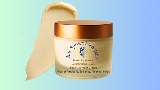 Kojic Kiss Night Cream – formulated with kojic acid, alpha arbutin, turmeric, and mulberry extract to visibly reduce pigmentation, dark spots, acne scars, and freckles. A clean, plant-based brightening cream for mature, uneven skin tone.