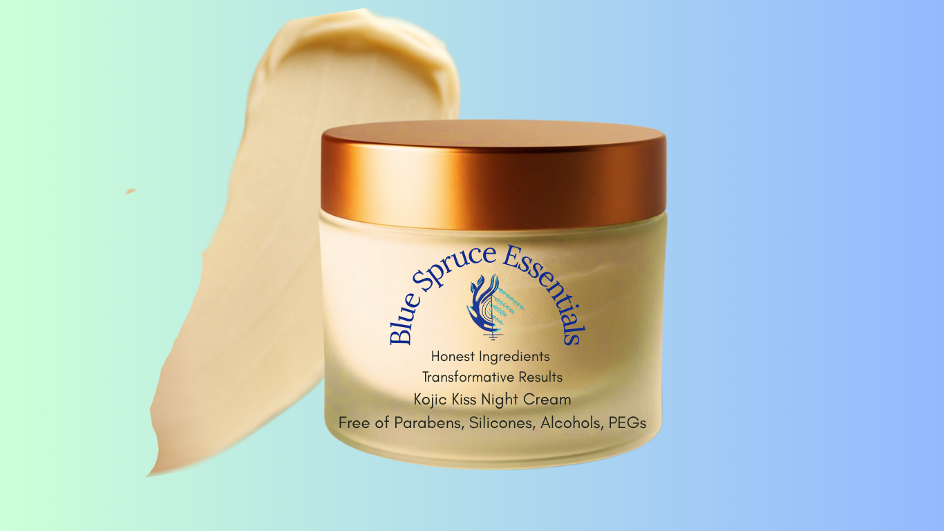 Kojic Kiss Night Cream – formulated with kojic acid, alpha arbutin, turmeric, and mulberry extract to visibly reduce pigmentation, dark spots, acne scars, and freckles. A clean, plant-based brightening cream for mature, uneven skin tone.